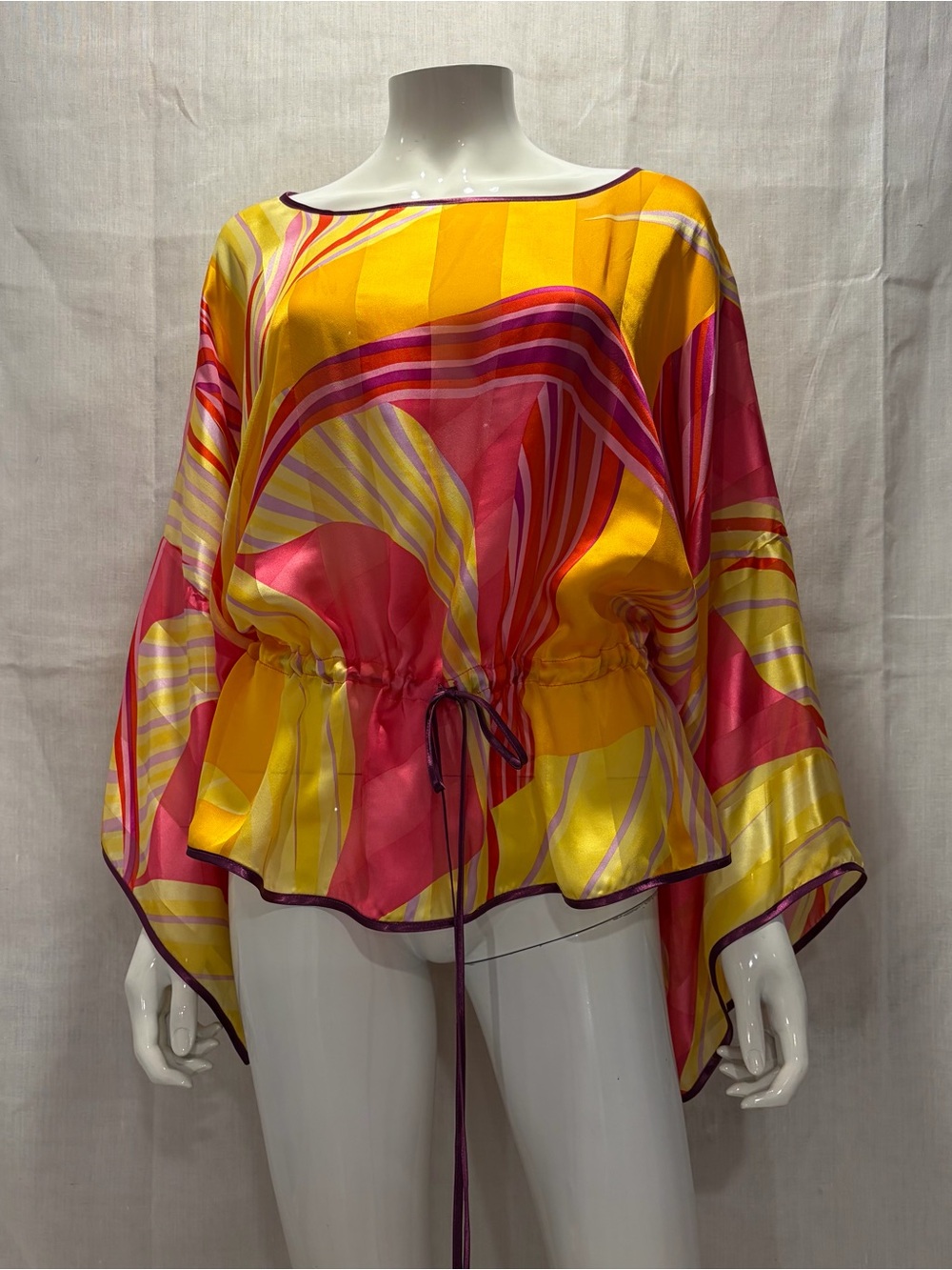 Victoria's Secret 100% Silk Pink and Yellow Abstract Drawstring Tunic
